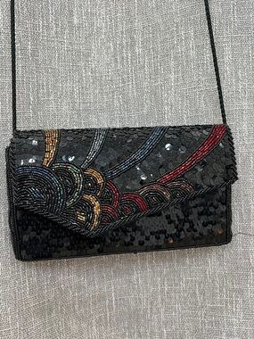 Black Sequin Beaded Evening Clutch with Multicolor Wave Accent